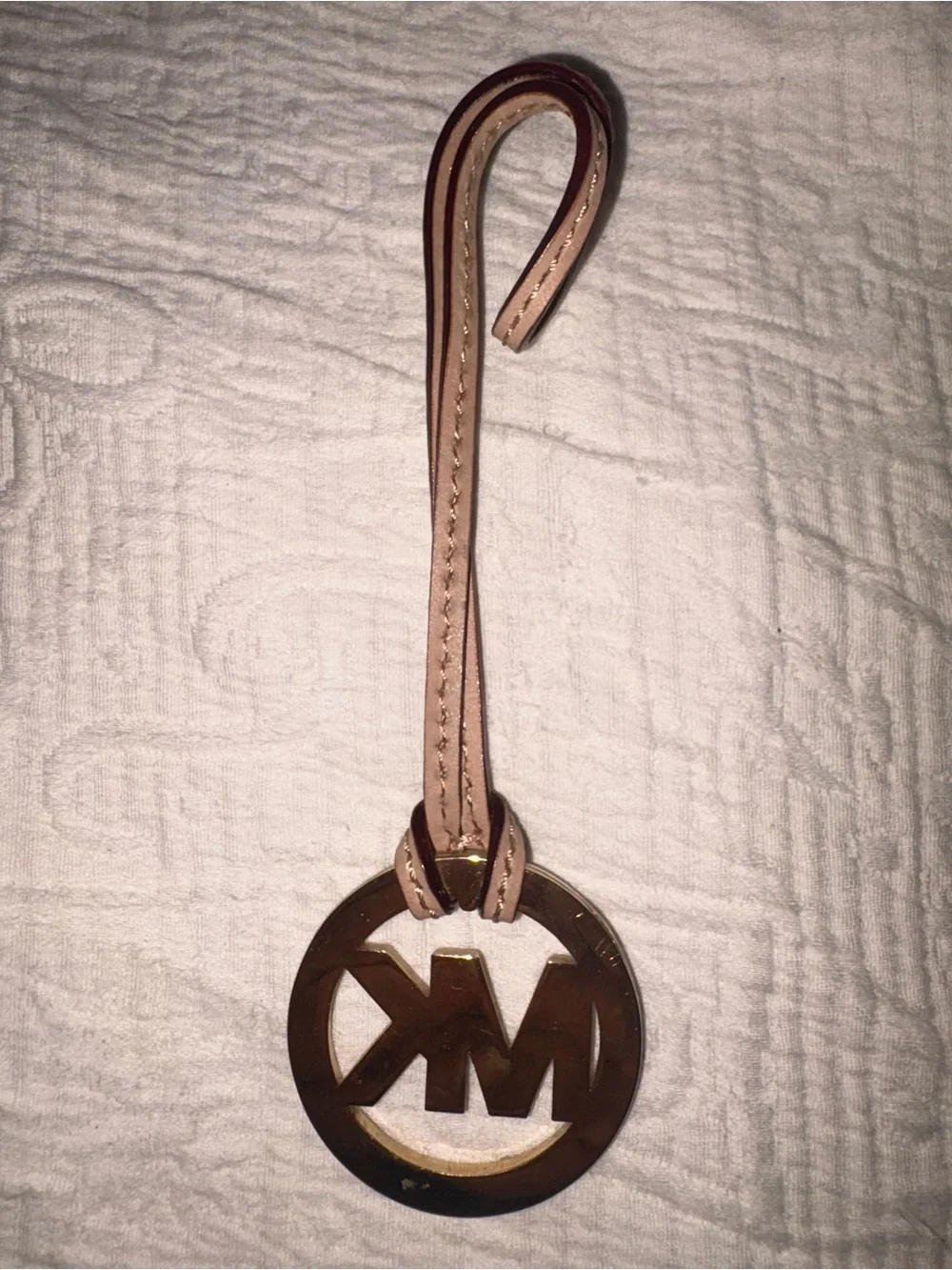 Michael Kors Beige Leather MK Logo Hanging Keyring Charm with Gold-Tone Emblem